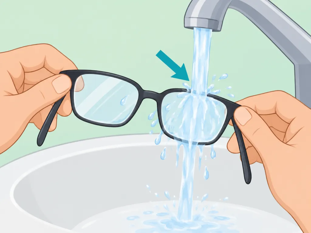 Eyeglasses being rinsed with lukewarm water before wiping.