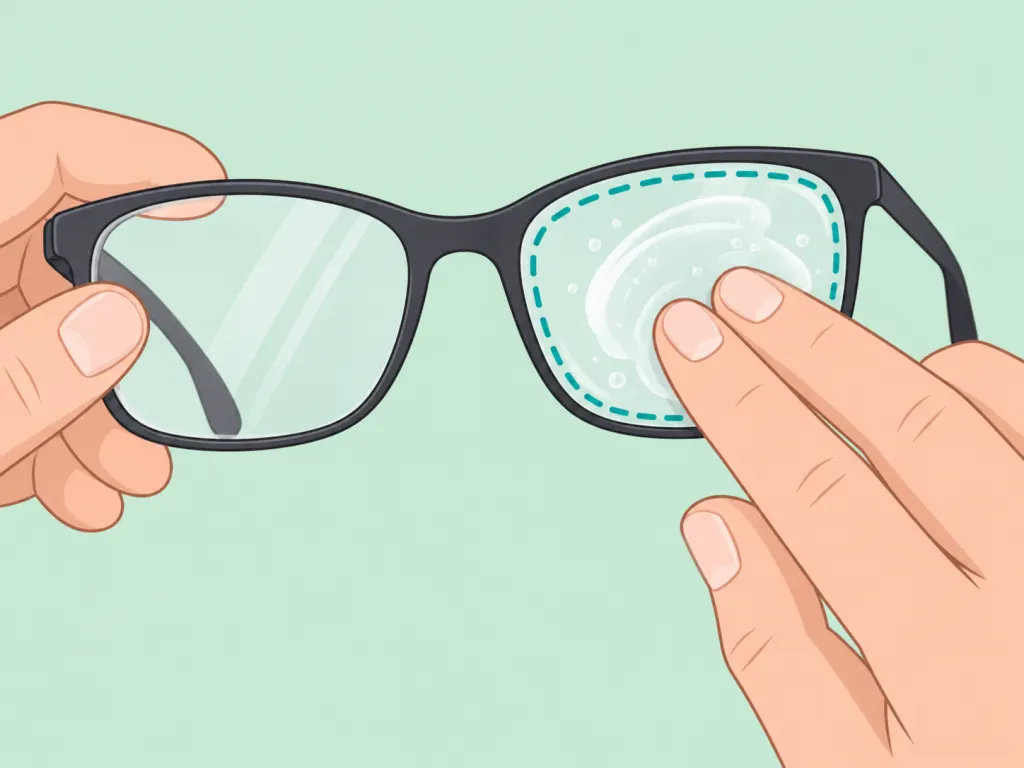 Fingertips gently washing eyeglass lenses with mild dish soap.