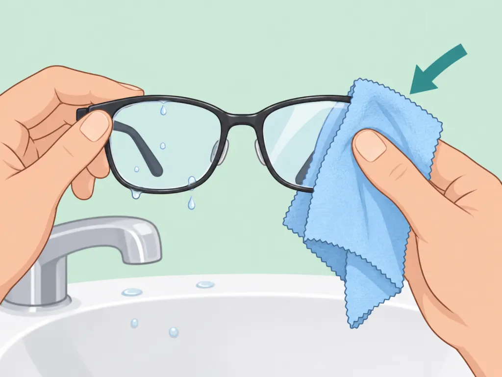 Eyeglasses rinsed thoroughly and dried with a microfiber cloth.