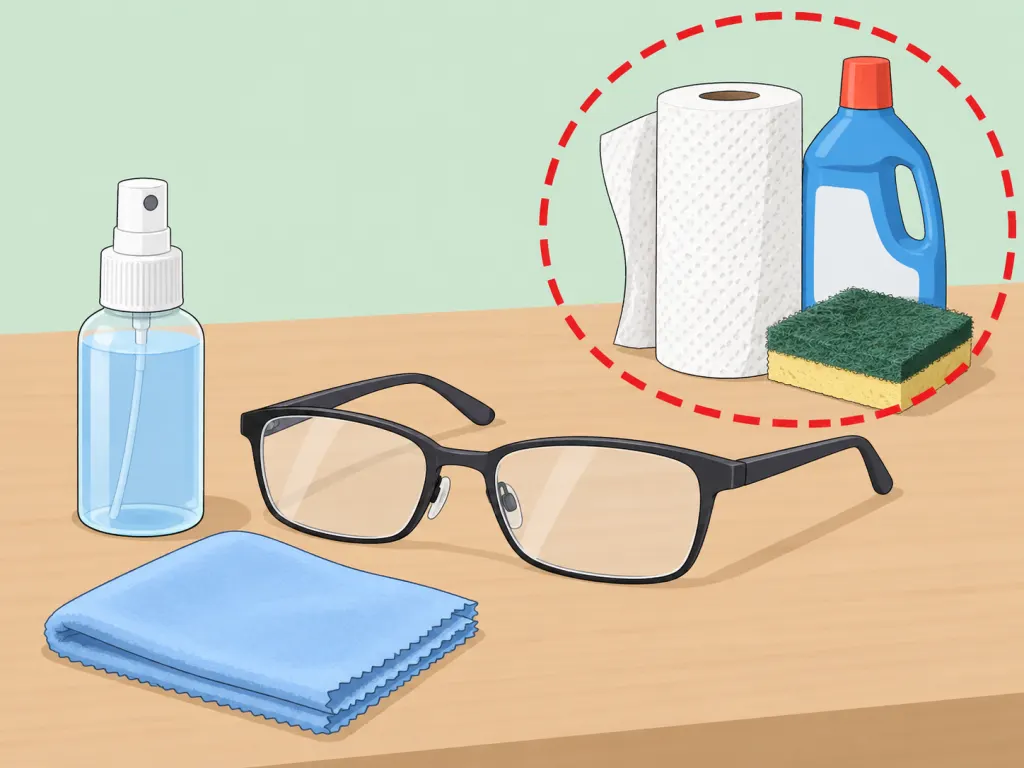 Unsafe cleaners set aside while safe eyeglass cleaning tools are used.