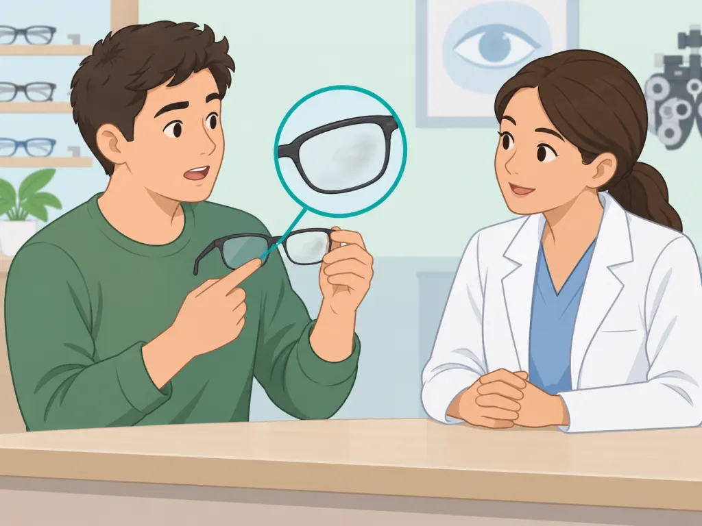 Person showing cloudy eyeglasses to an eye care professional.