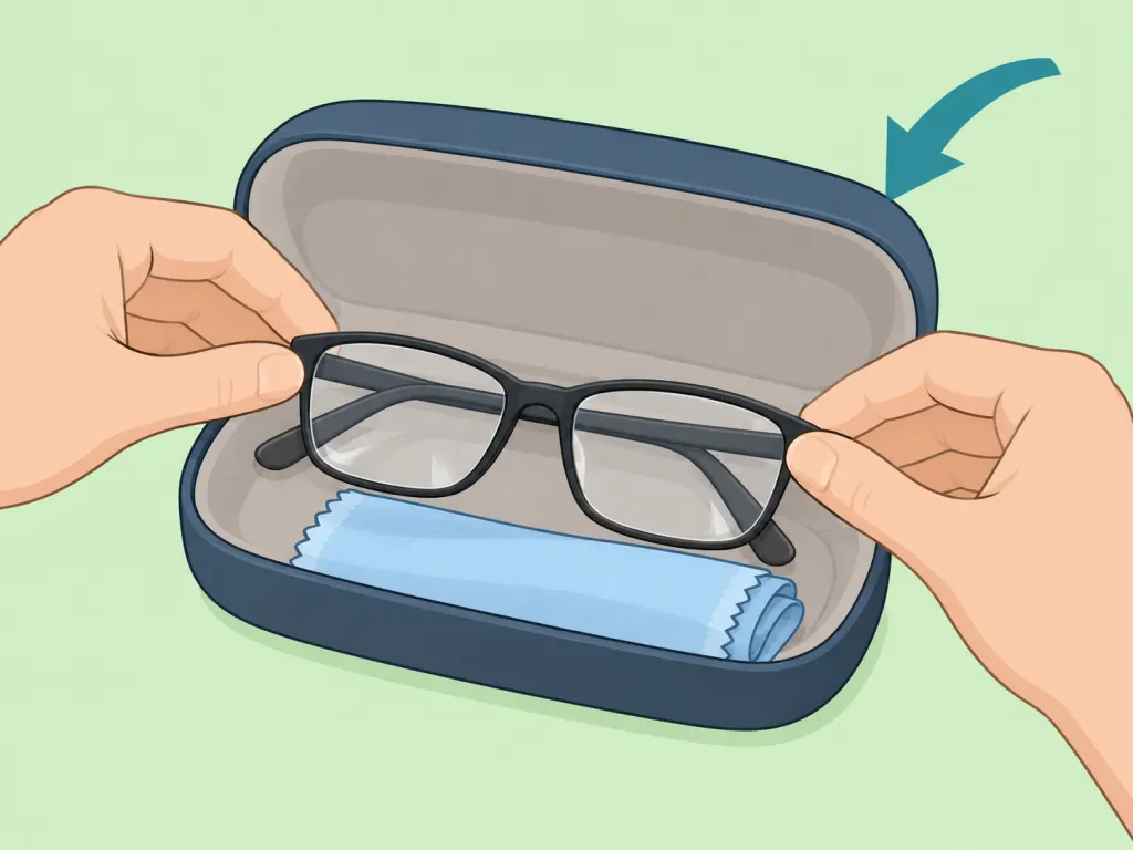 Clean eyeglasses stored in a hard case with a microfiber cloth.