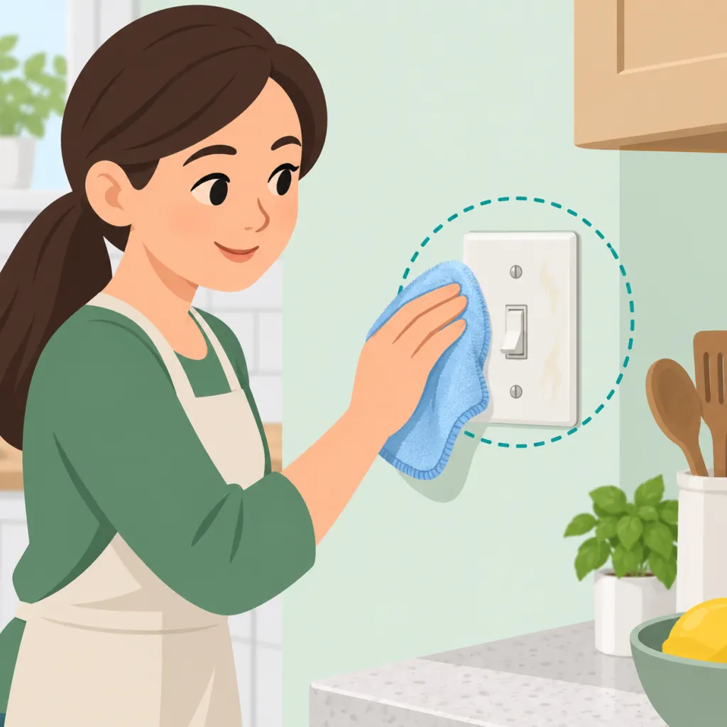 Person carefully wiping grease from a kitchen light switch plate with a damp cloth.