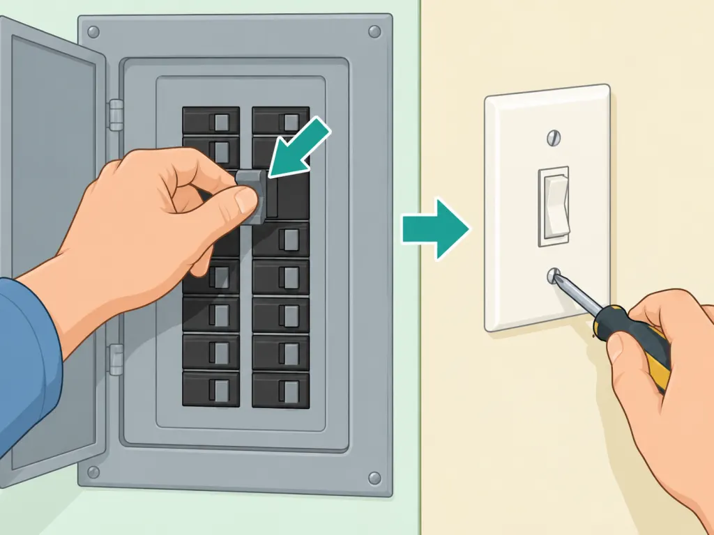 Hand turning off power at a breaker before removing a switch plate.