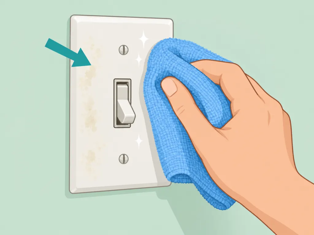 Hand wiping the outer surface of a greasy light switch plate with a damp cloth.