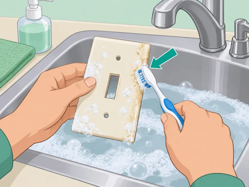 Removed switch plate being scrubbed gently with soapy water.