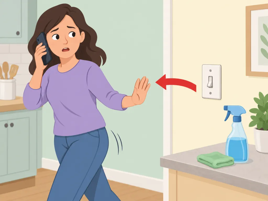 Person stepping away from a switch plate and seeking help after a safety concern.