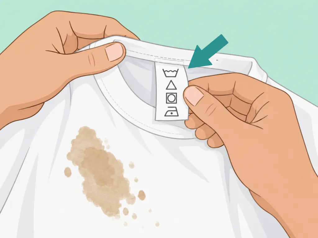 Hands checking a garment care label before removing a grease stain.