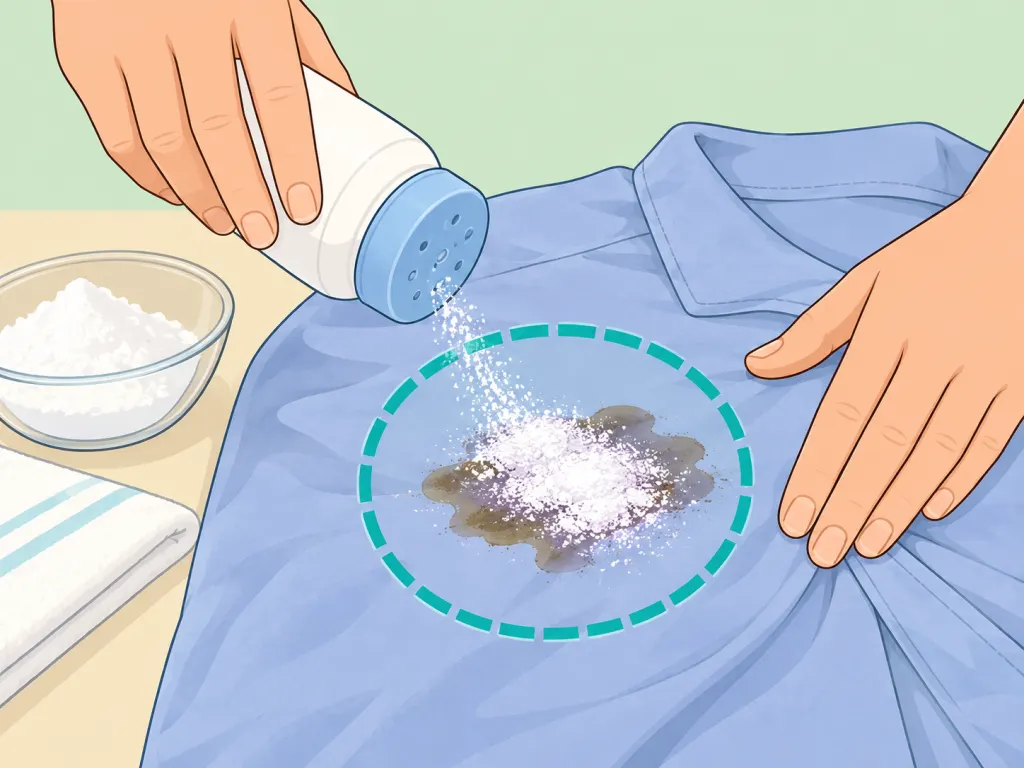 Absorbent powder being sprinkled over a grease stain on fabric.