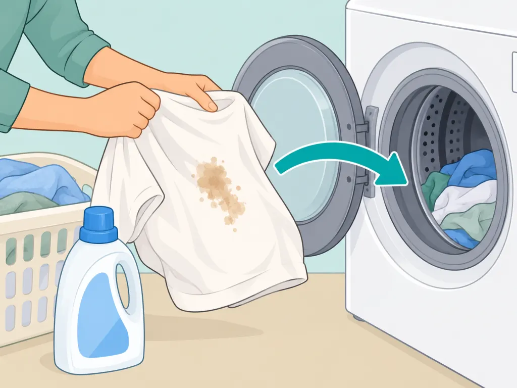A grease-stained garment being placed in a washing machine.