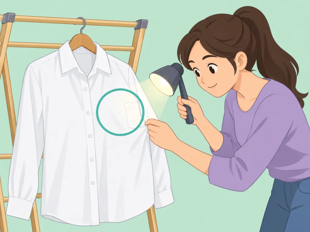 A person air-drying and inspecting a shirt after stain removal.