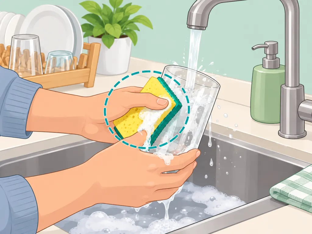 Washing loose residue from a cloudy drinking glass with a soft sponge.