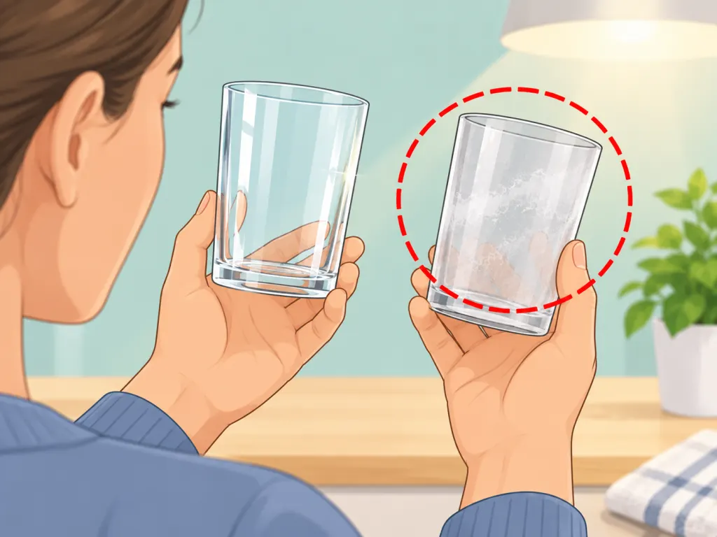 Comparing an etched cloudy glass with a clear glass.