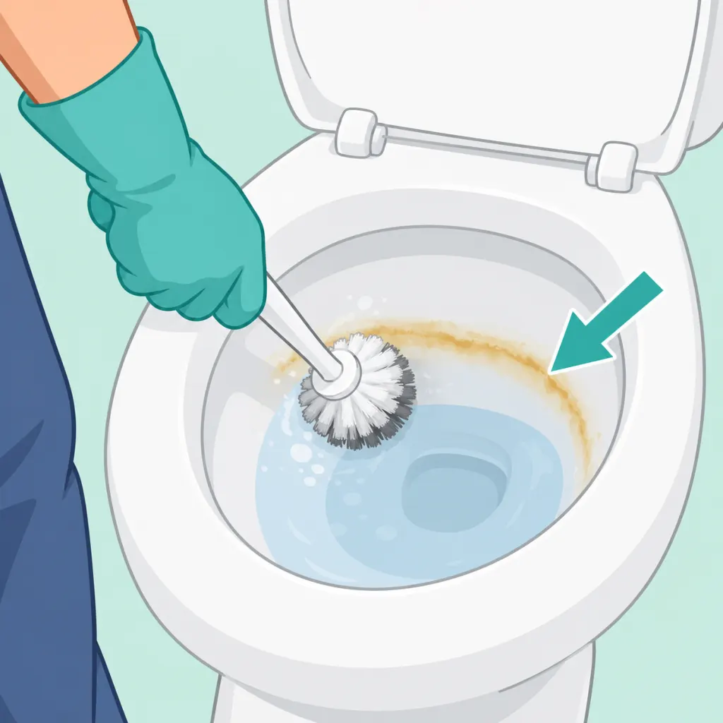 Person wearing gloves cleaning a yellow-brown stain inside a toilet bowl.