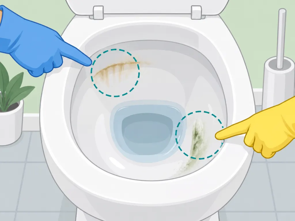 Gloved hands identifying the color and location of a toilet bowl stain.