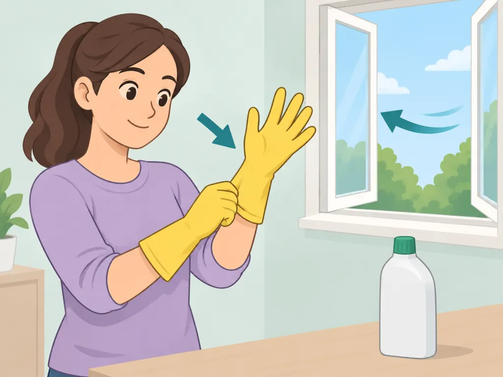 Person preparing to clean with gloves and ventilation.