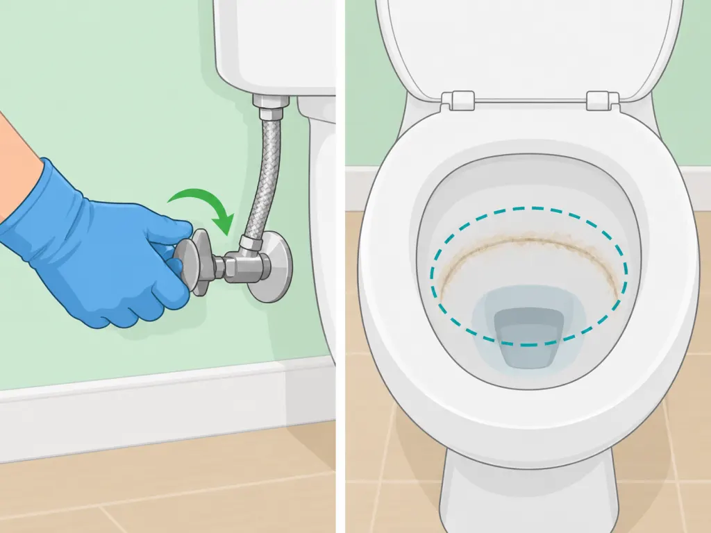 Lowering the toilet bowl water to expose the stained area.