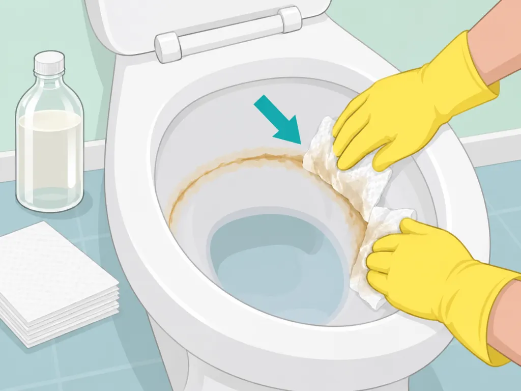 Applying vinegar-soaked towels to a toilet bowl stain.