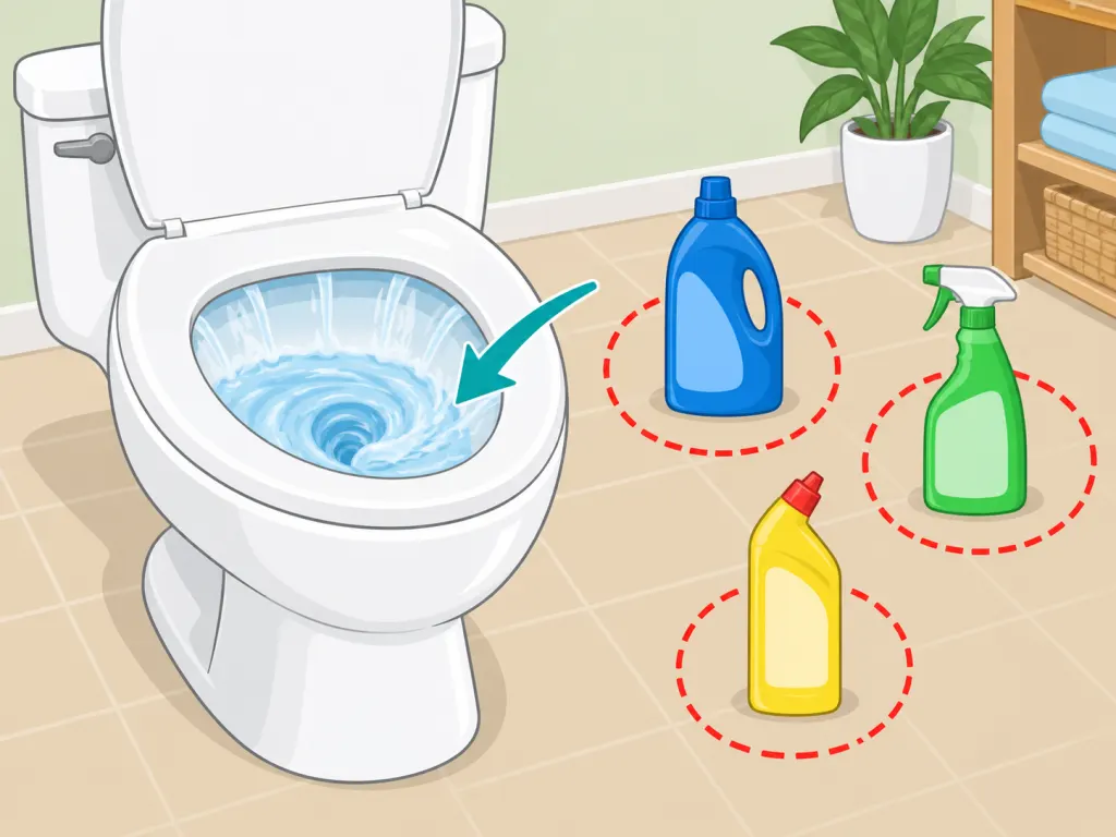 Rinsing a toilet bowl before switching cleaning products.