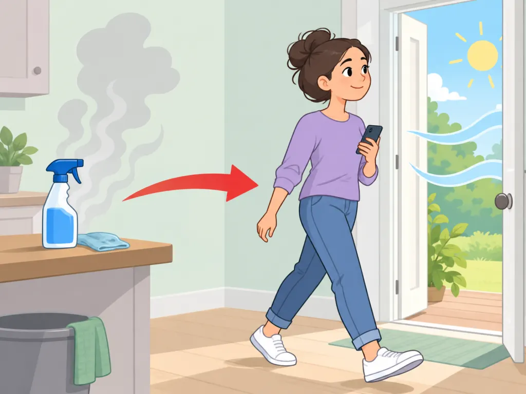Person moving to fresh air and calling for help after cleaner exposure.