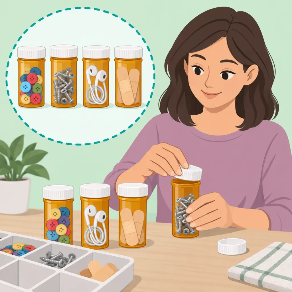 A person organizing small household items in clean reused pill bottles.