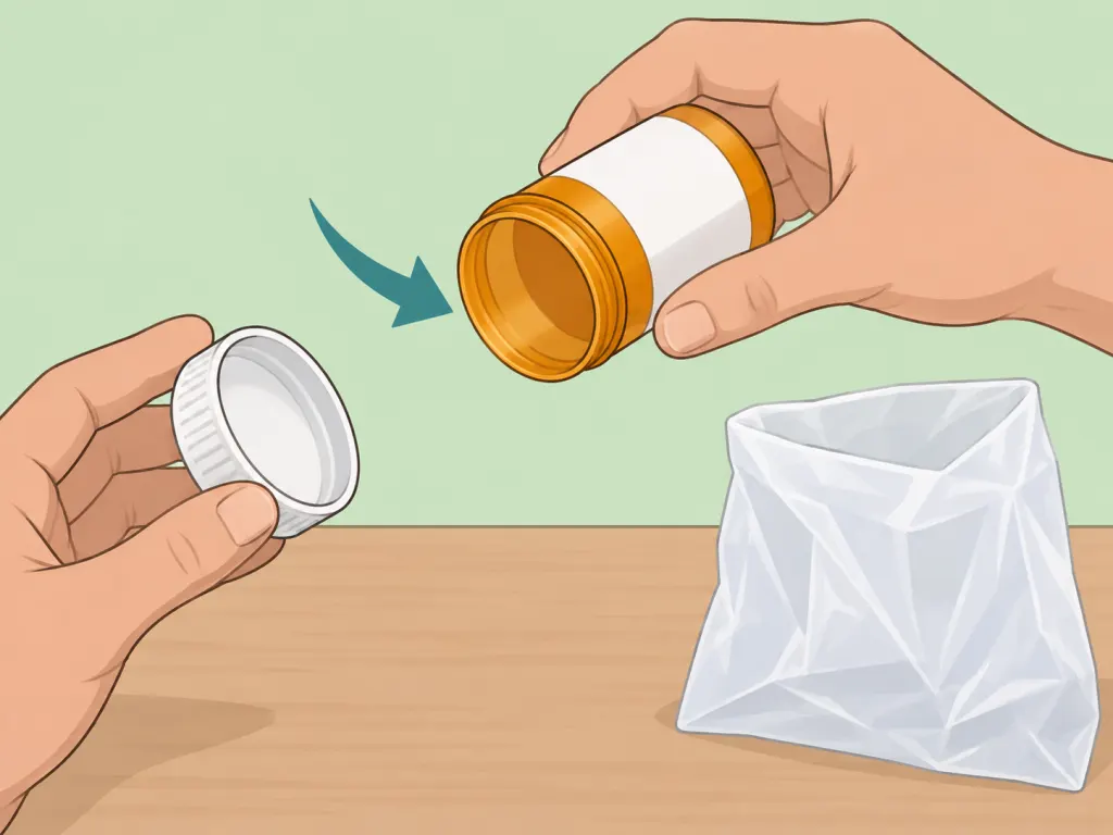 Hands emptying a pill bottle completely before reusing it.