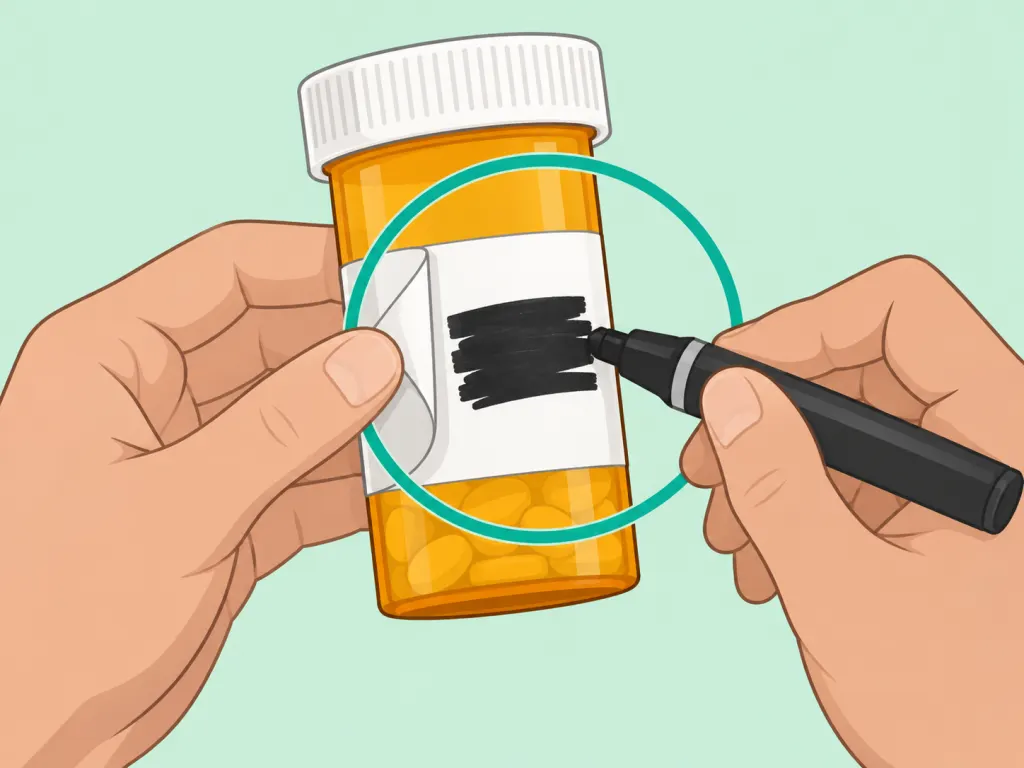 Hands removing private label information from an old pill bottle.