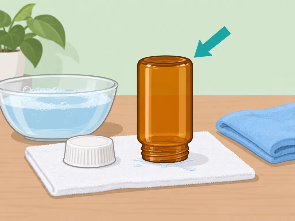 A washed pill bottle and cap air-drying after cleaning.