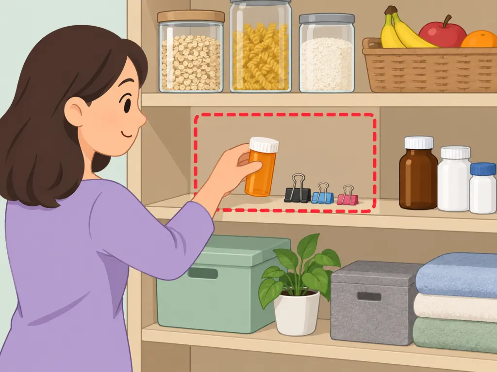 A reused pill bottle kept separate from food and medicine storage.