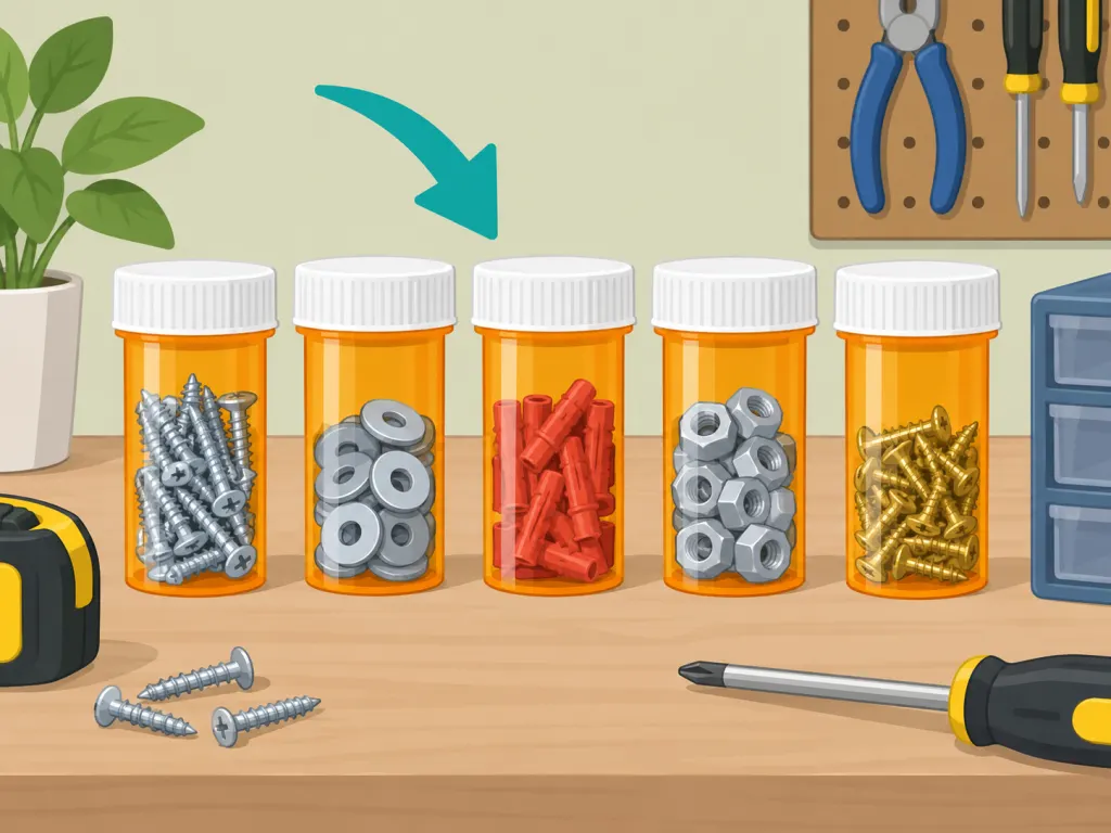 Pill bottles used to sort screws, washers, and other small hardware.
