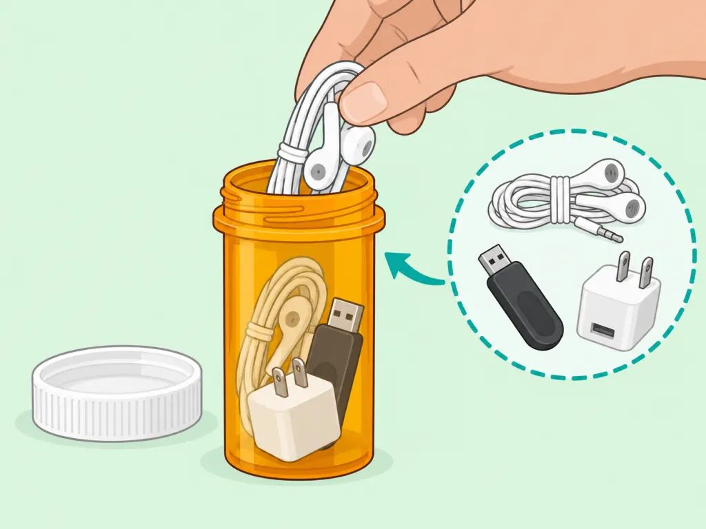Small tech and travel items being stored in a reused pill bottle.