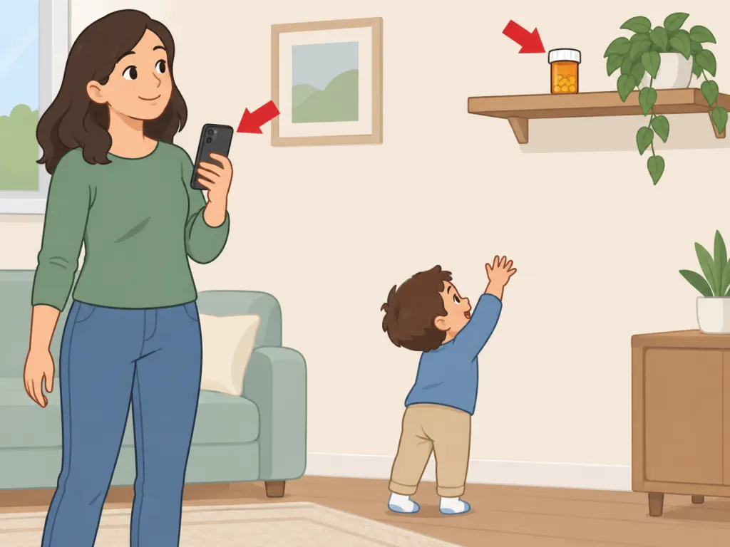An adult getting help after a possible accidental exposure while keeping a bottle out of reach.