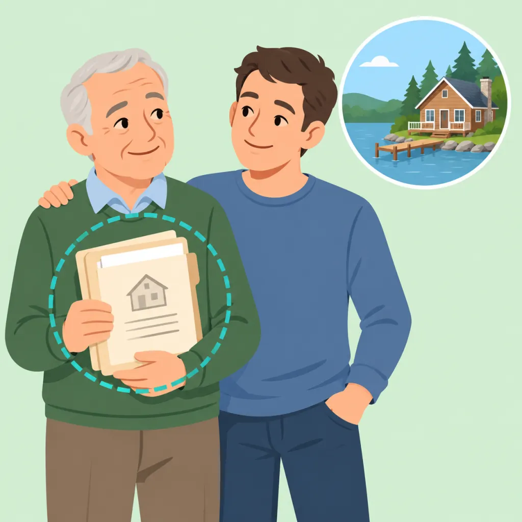 Parent holding property papers while discussing boundaries about a vacation home.