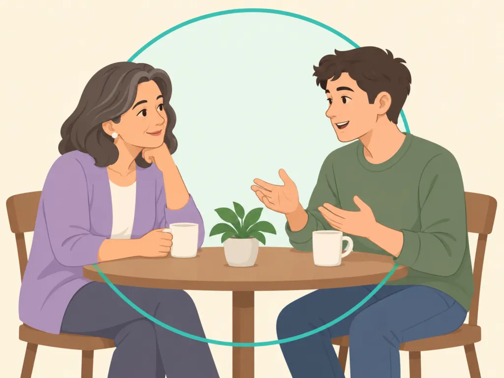 Parent and adult child having a calm planned conversation.