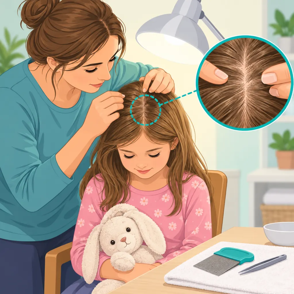 Parent calmly checking a child's hair under bright light with a comb nearby.