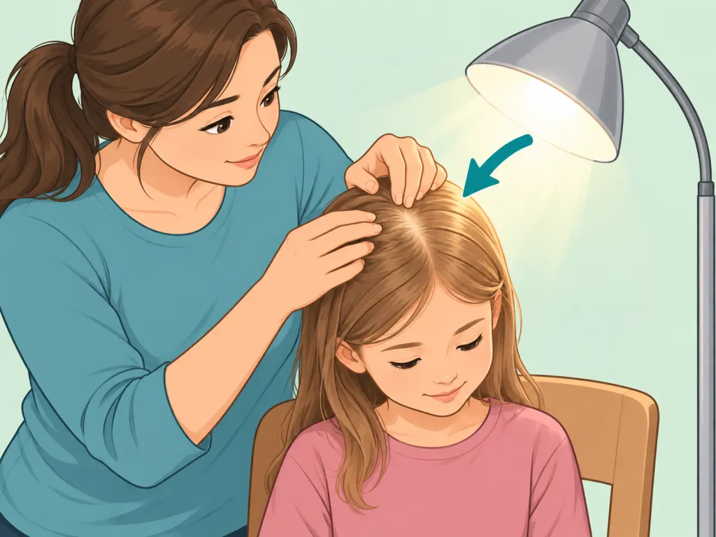 Adult moving a child into bright light to inspect the hair.
