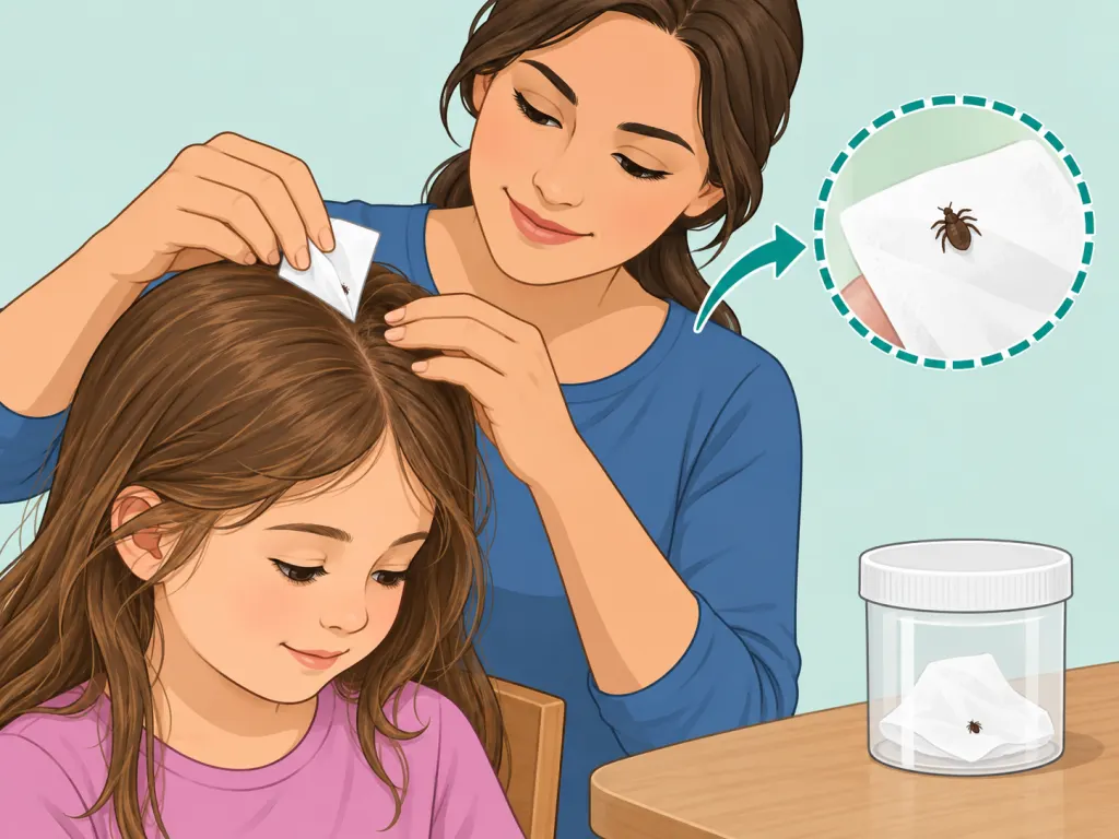 Adult gently removing a loose bug from a child's hair.