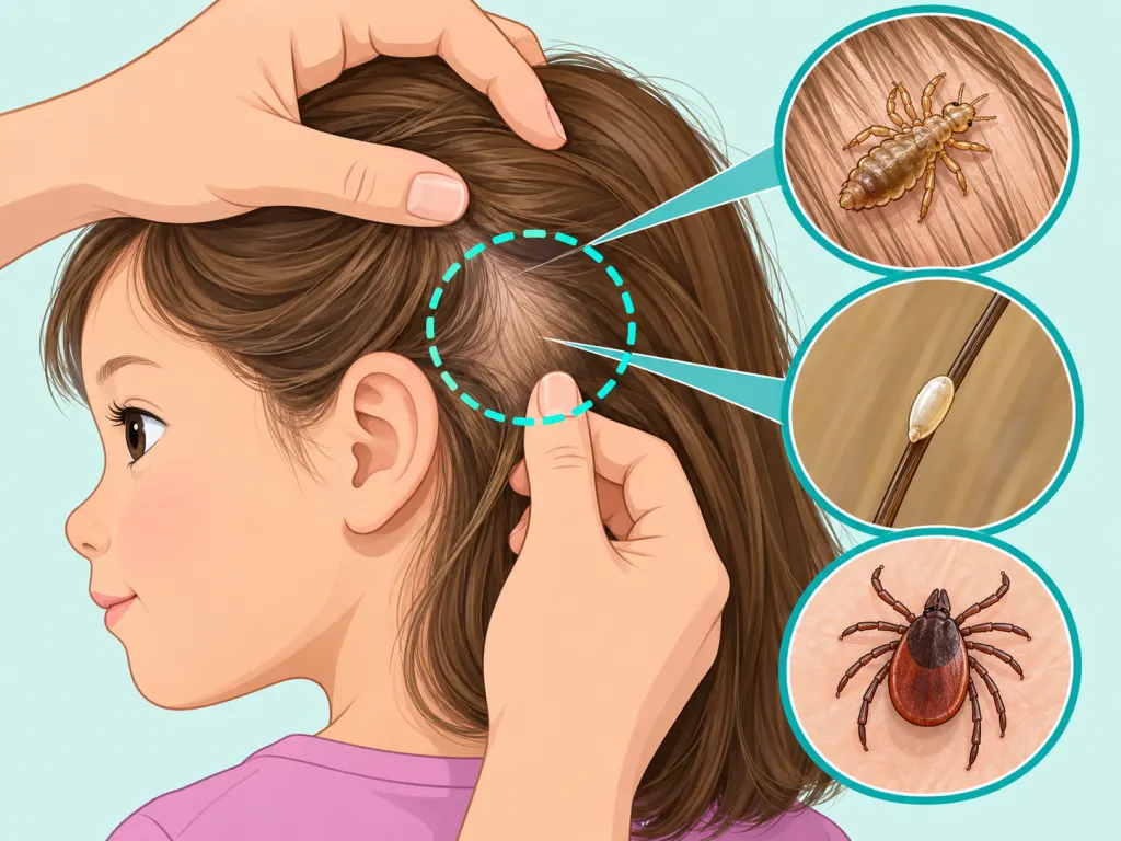 Hands checking a child's scalp to tell whether the bug is lice, nits, or a tick.