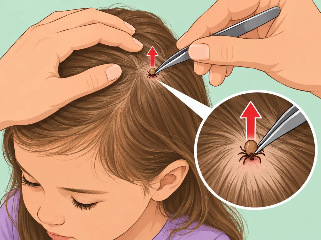 Adult removing an attached tick from a child's scalp with tweezers.