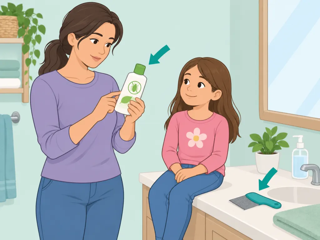 Adult checking lice product directions before using it on a child.