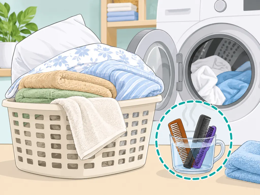 Bedding, towels, and combs being cleaned after confirmed head lice.