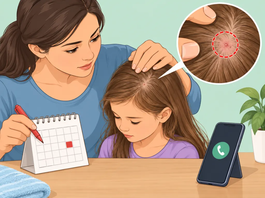 Parent monitoring a child's scalp and keeping a phone nearby for medical help if needed.