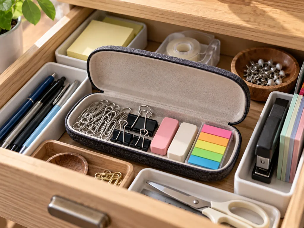 An eyeglass case organizing small desk supplies inside a tidy drawer