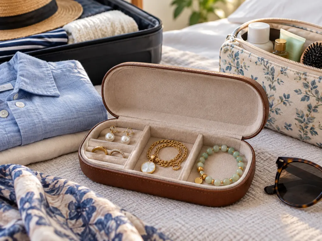A hard eyeglass case used as a compact travel jewelry holder