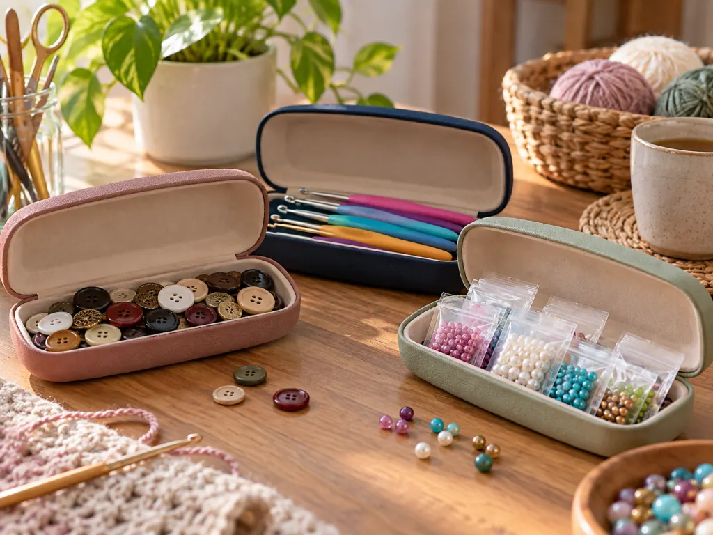 Eyeglass cases repurposed to sort craft supplies on a work table