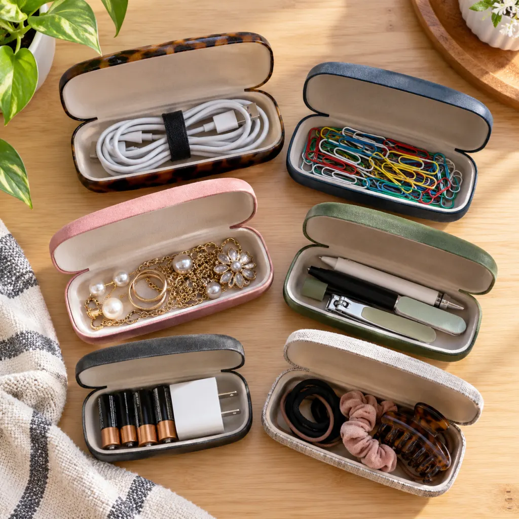 Old eyeglass cases used as small organizers for cords, clips, and jewelry