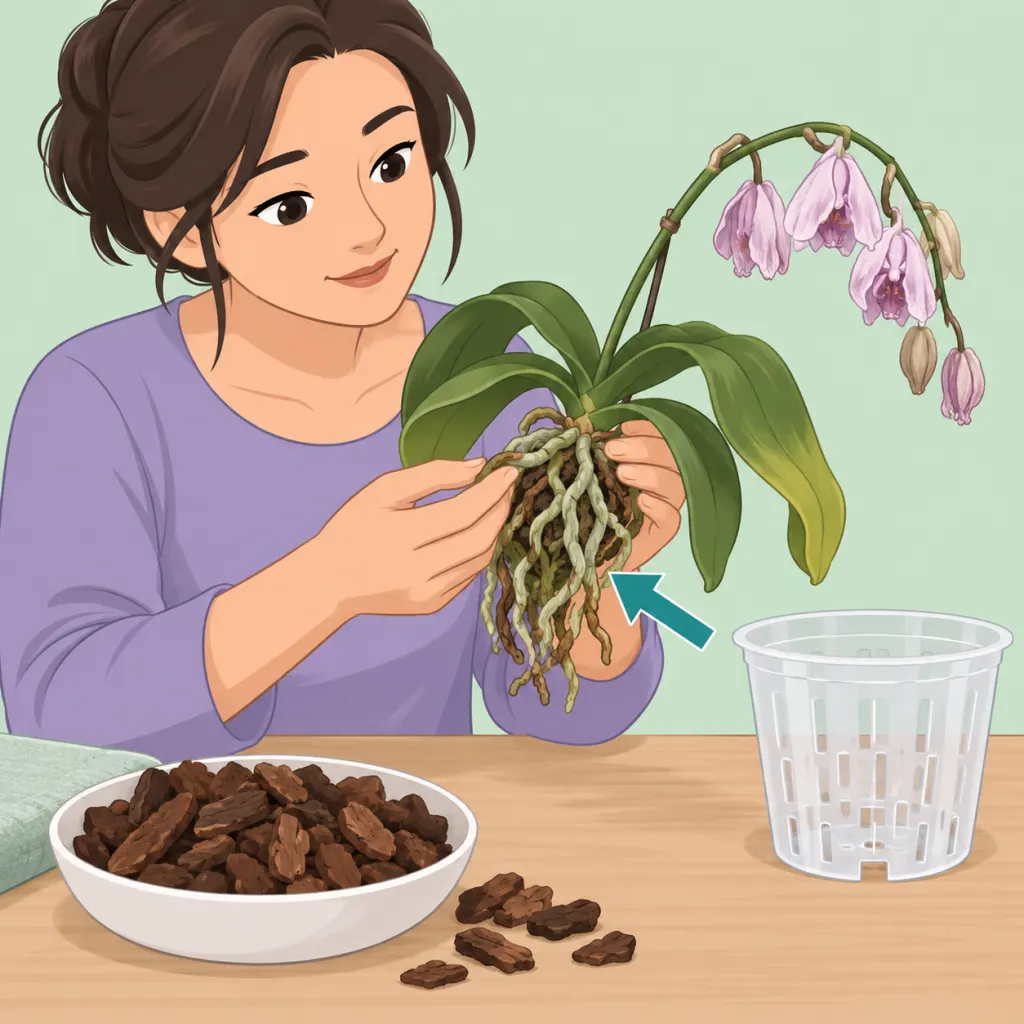 Person examining the roots of a wilted orchid before repotting it.