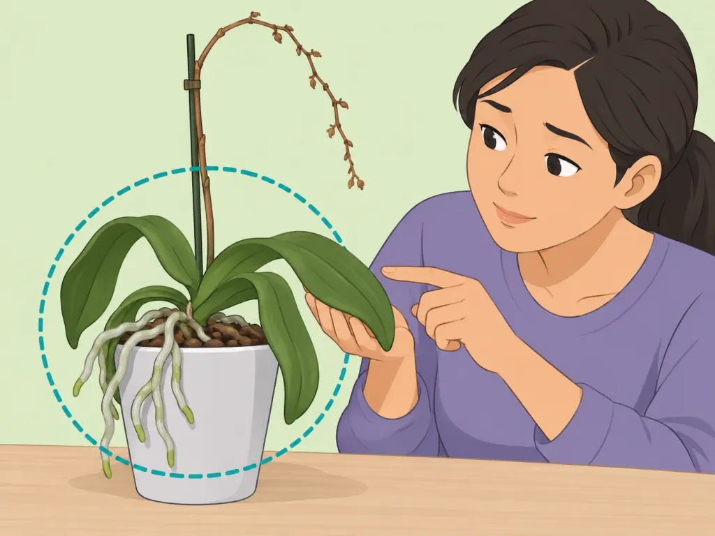 Person checking wilted orchid leaves and healthy aerial roots.