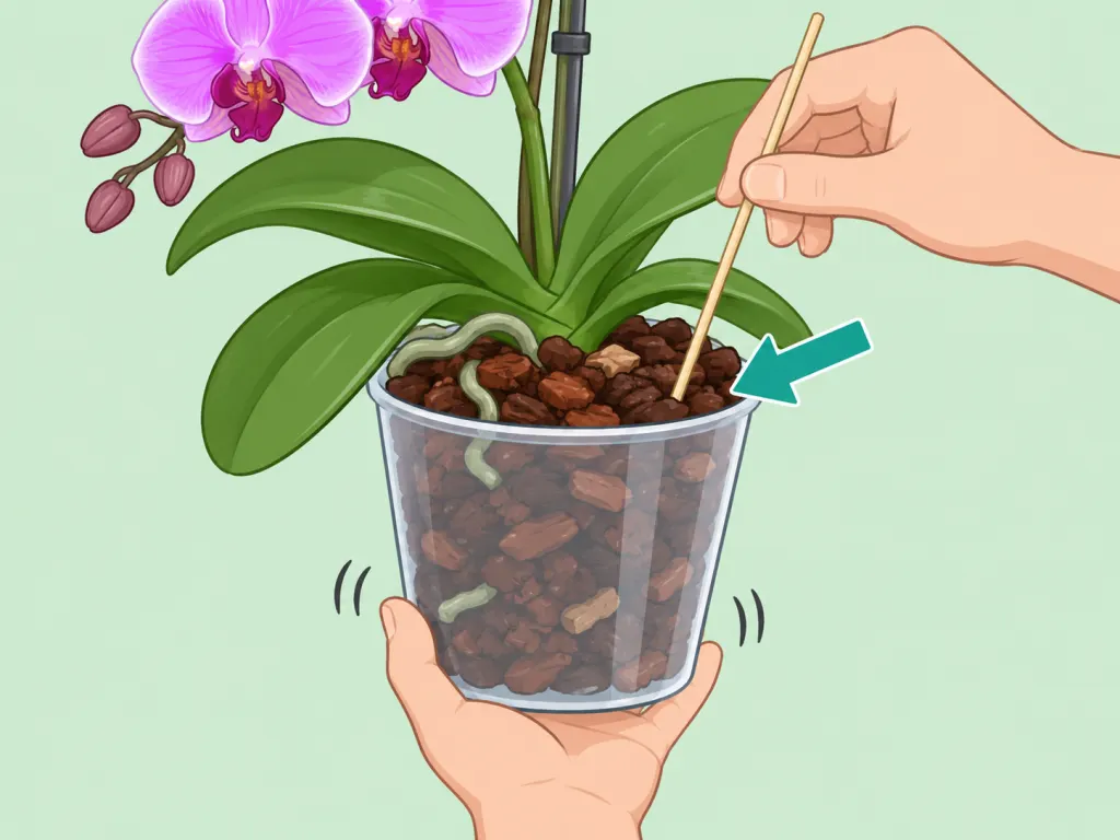 Hand checking the moisture level in orchid bark.