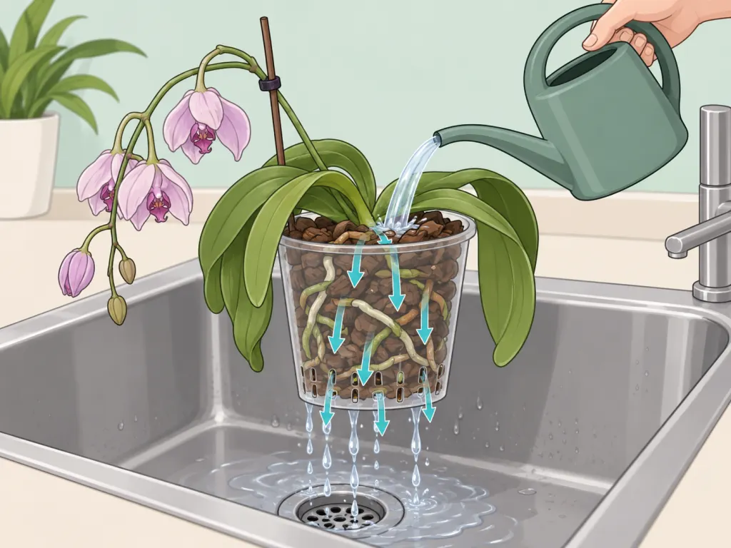 Orchid being watered thoroughly and allowed to drain.